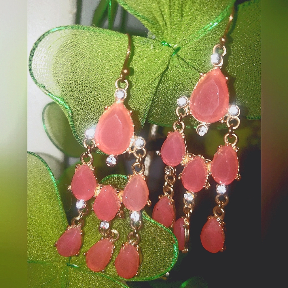 Early Bubblebar Coral Cabichon   &Rhinestone Statement/Pageant  Dangly Earrings